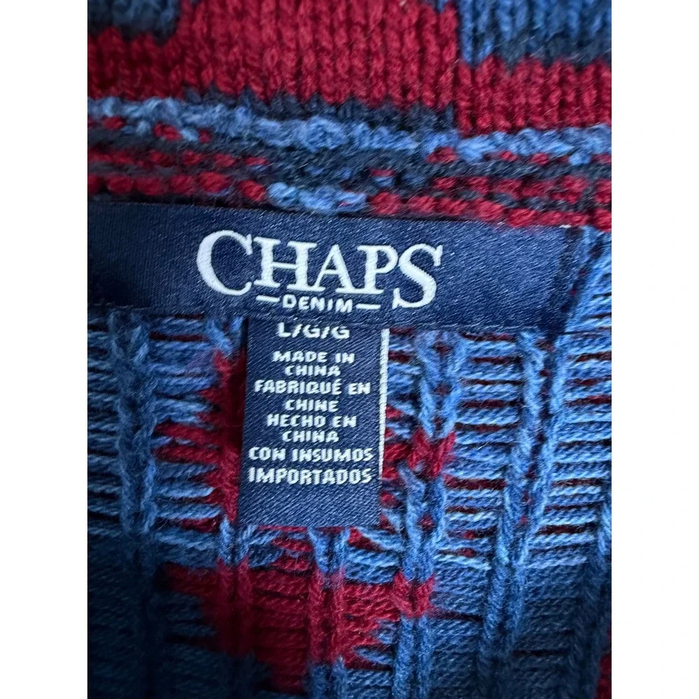 Chaps Southwestern Knit Vest Large Blue Aztec Geometric Shawl Collar Button Up